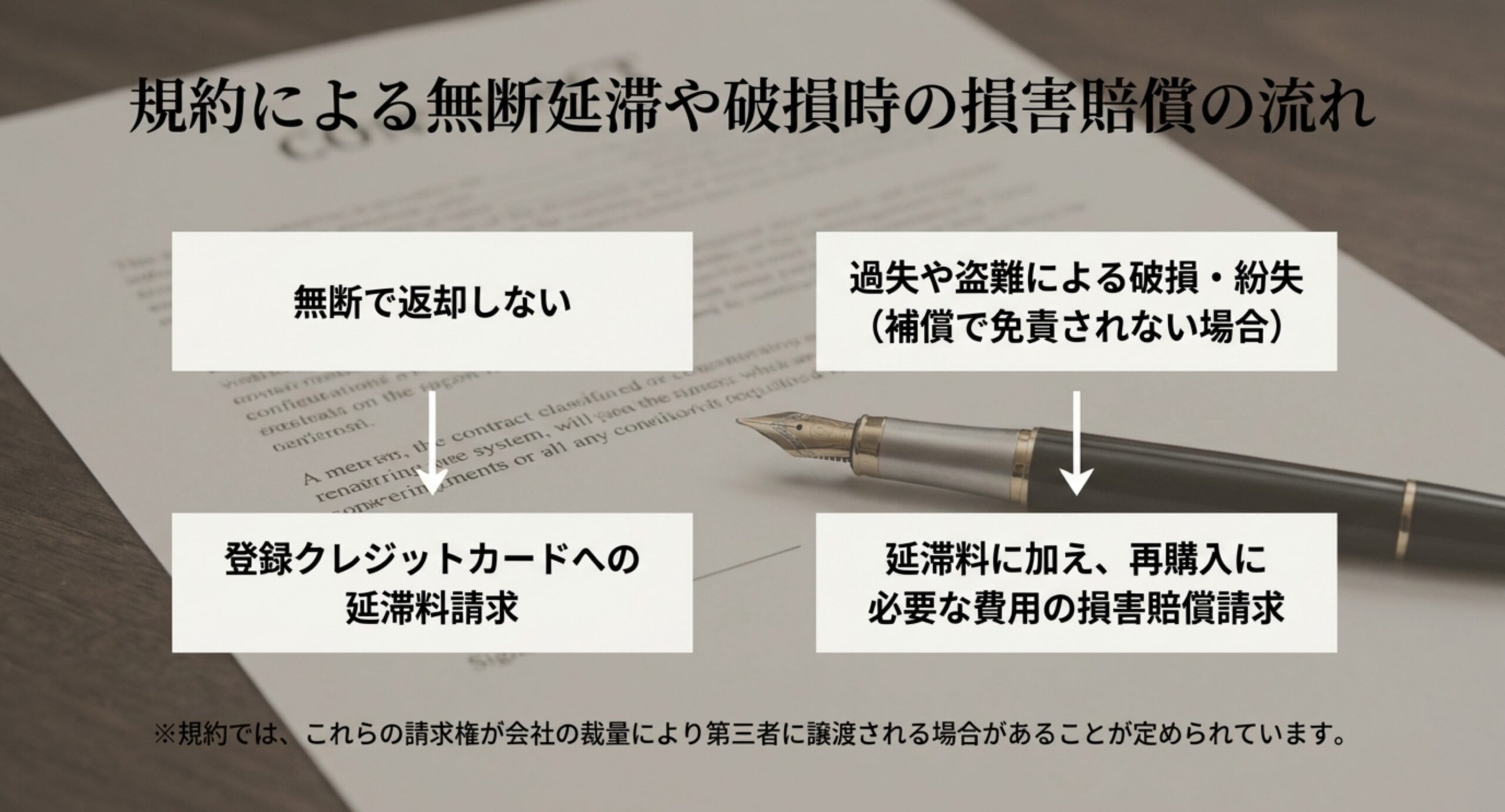 無断で返却しない場合は登録クレジットカードへ延滞料が請求され、免責されない破損や紛失では再購入費用の損害賠償に至る流れを示す図