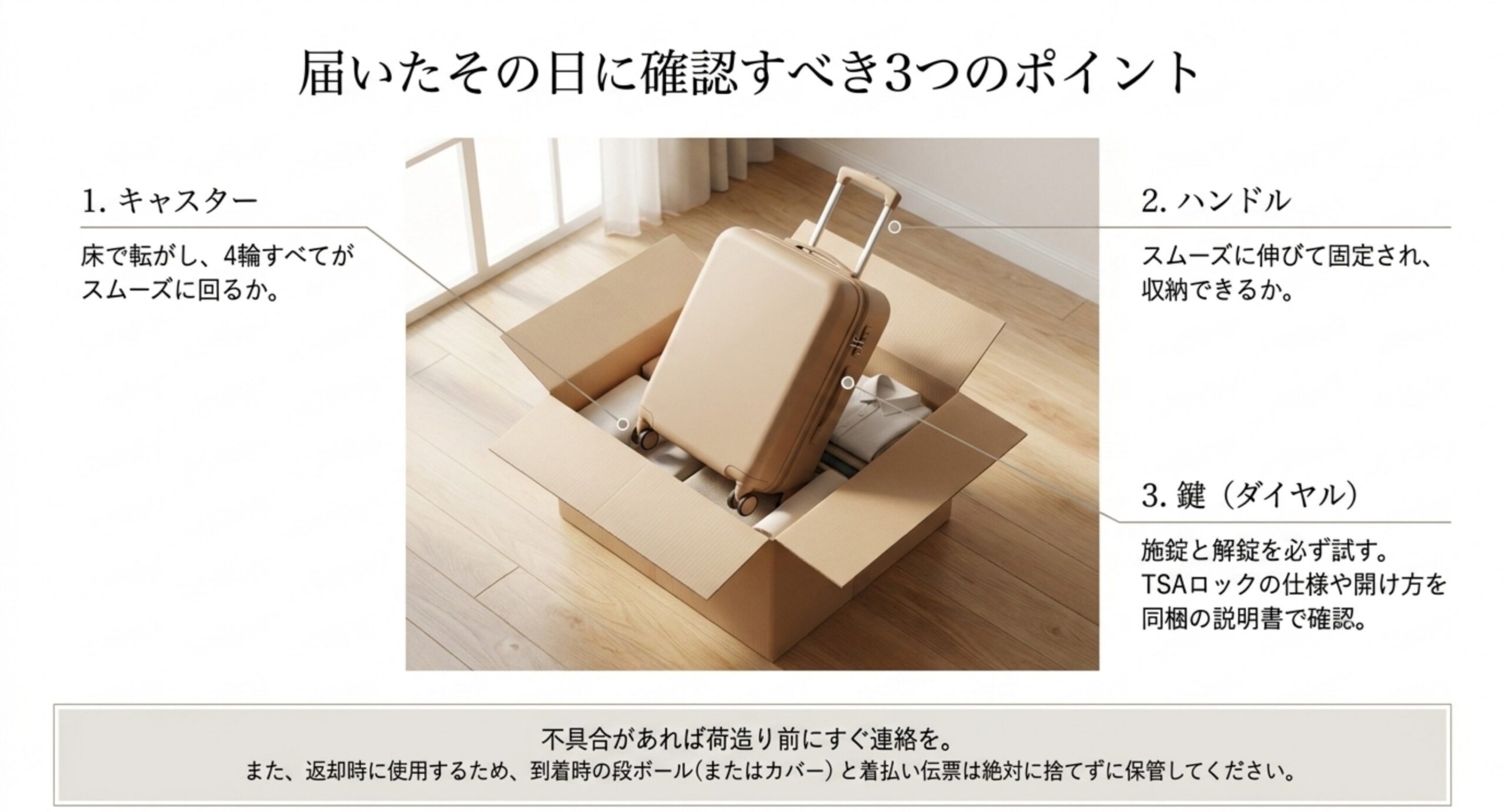キャスター・ハンドル・鍵の3点を届いた日に確認することと、返却で使う段ボールと着払い伝票を保管する必要性を示した図