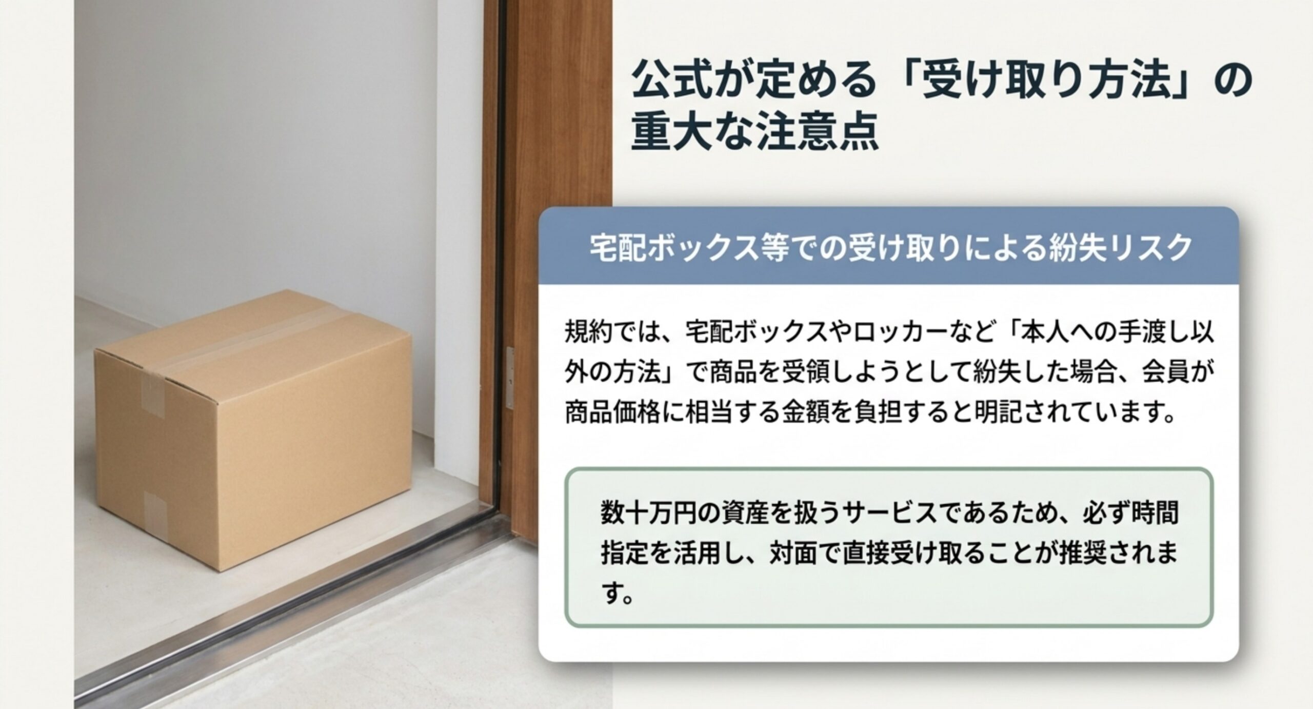 宅配ボックスなど本人手渡し以外の受領で紛失した場合は商品価格相当額の負担になることを示す図