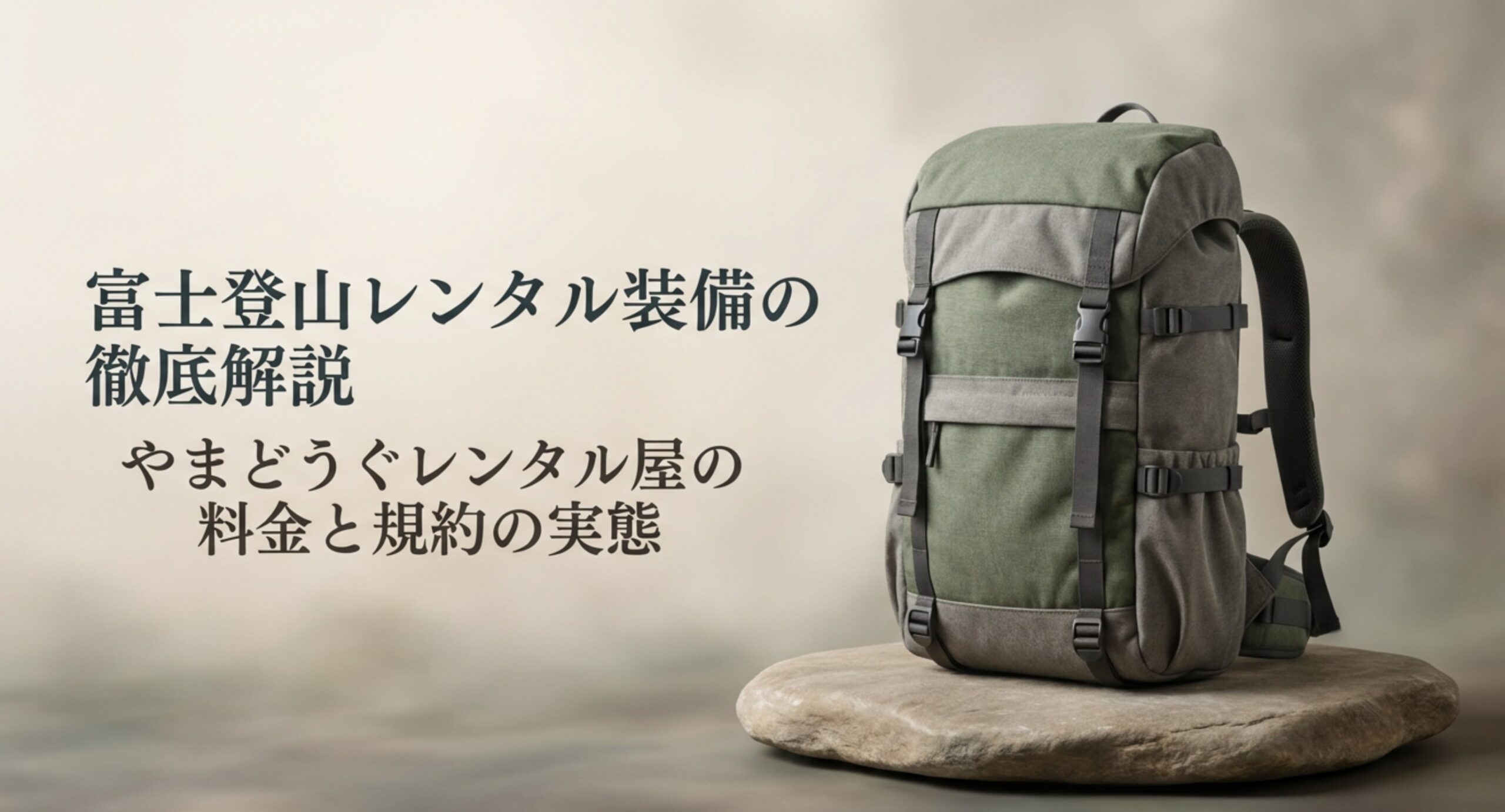 登山用ザックの写真と「富士登山レンタル装備の徹底解説」の文字が入った表紙のスライド