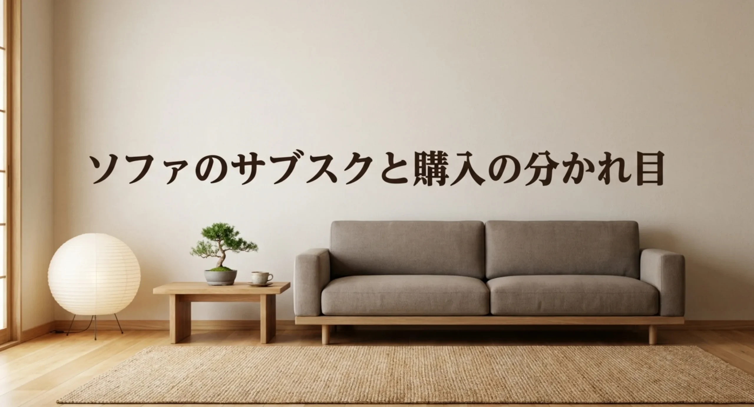 リビングに置かれた布張りソファを背景に、ソファのサブスクと購入の分かれ目をテーマに掲げた記事の表紙スライド