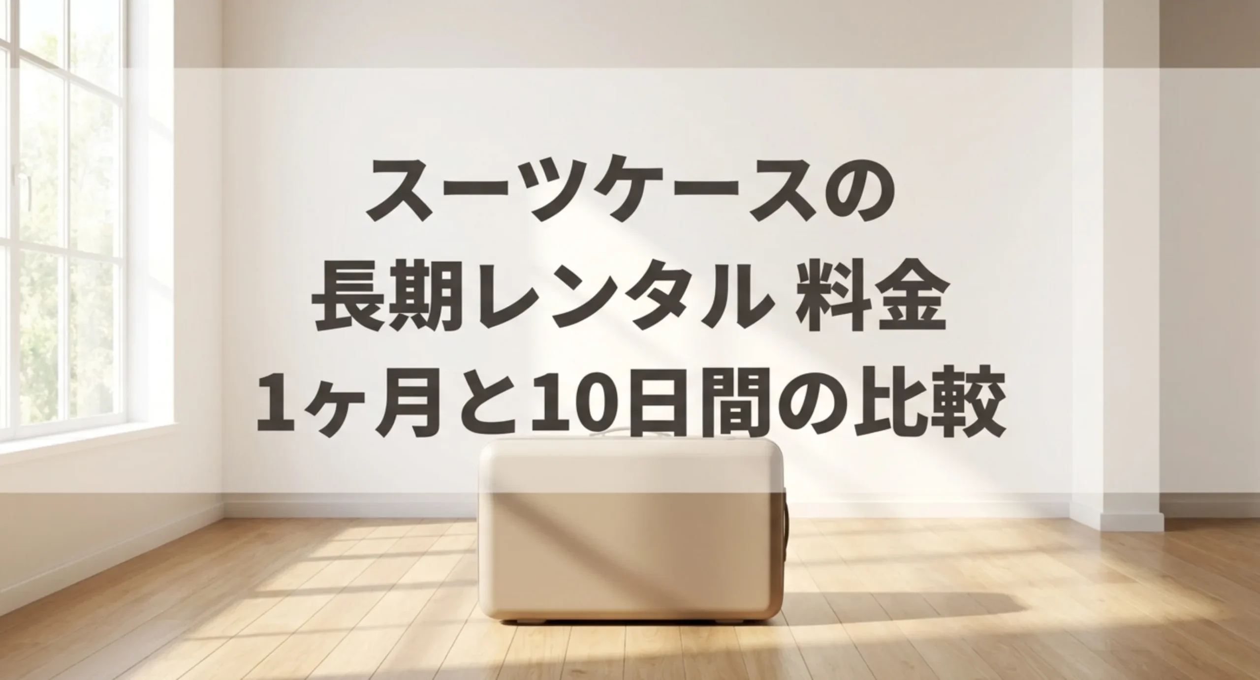 明るい室内に置かれたスーツケースを背景に、スーツケースの長期レンタル料金と1ヶ月と10日間の比較と記した表紙スライド