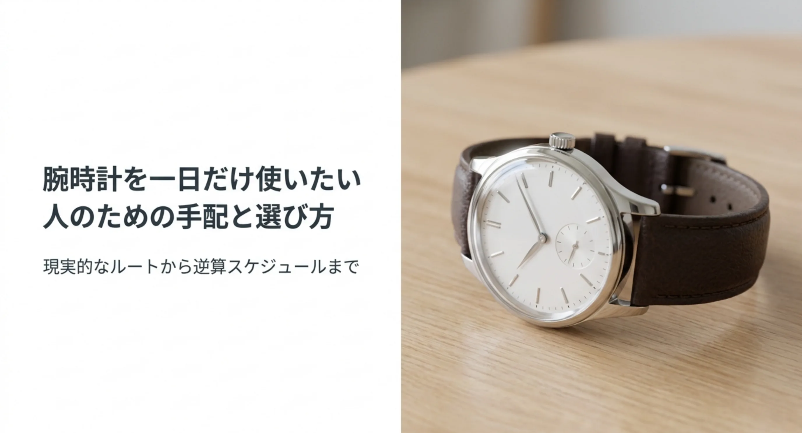 腕時計を一日だけ使いたい人に向けた手配のルートと選び方を扱うことを示した表紙スライド