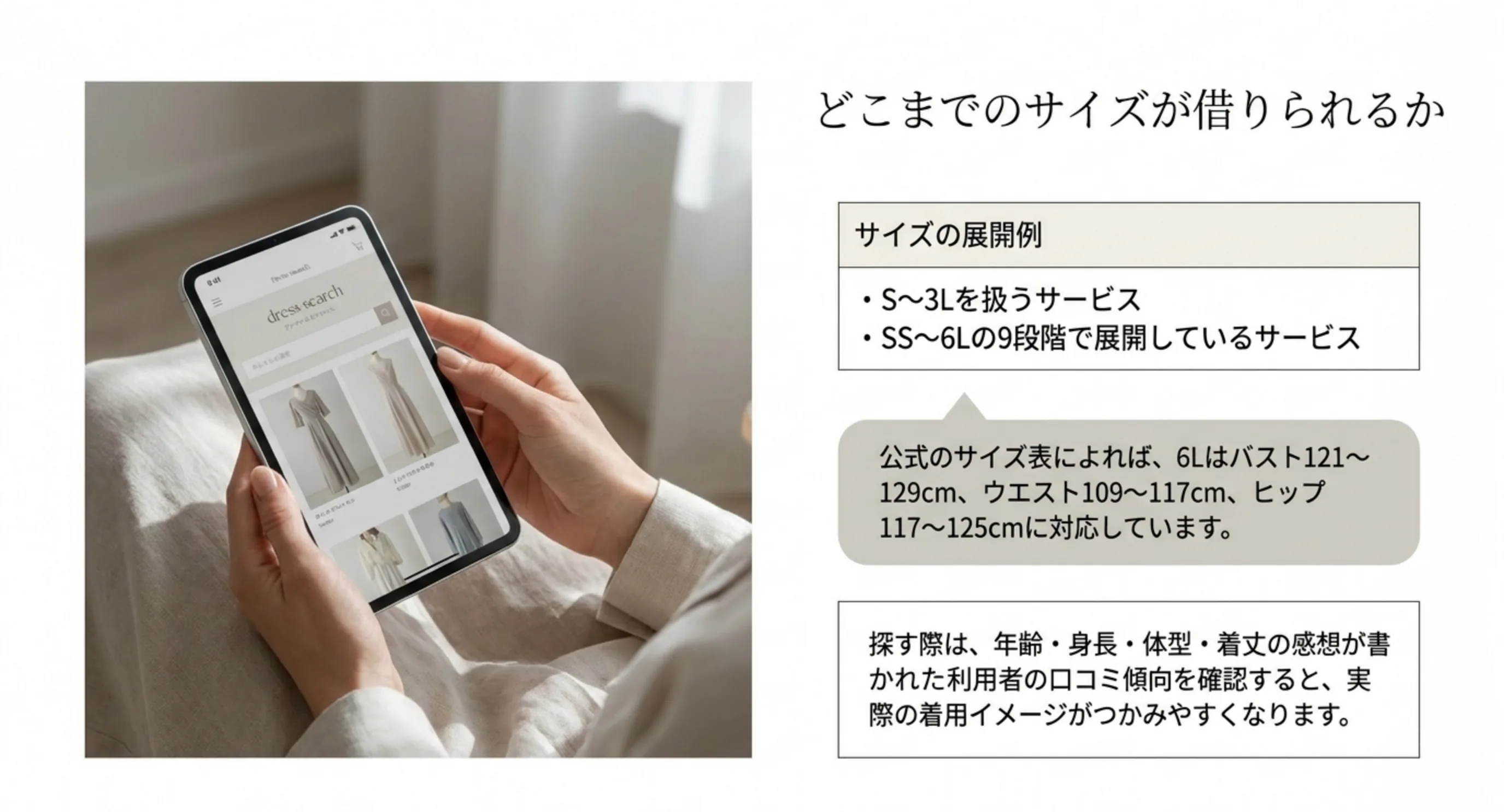 S〜3Lを扱うサービスとSS〜6Lの9段階で展開するサービスがあること、6Lがバスト121〜129cmなどに対応することを示したスライド