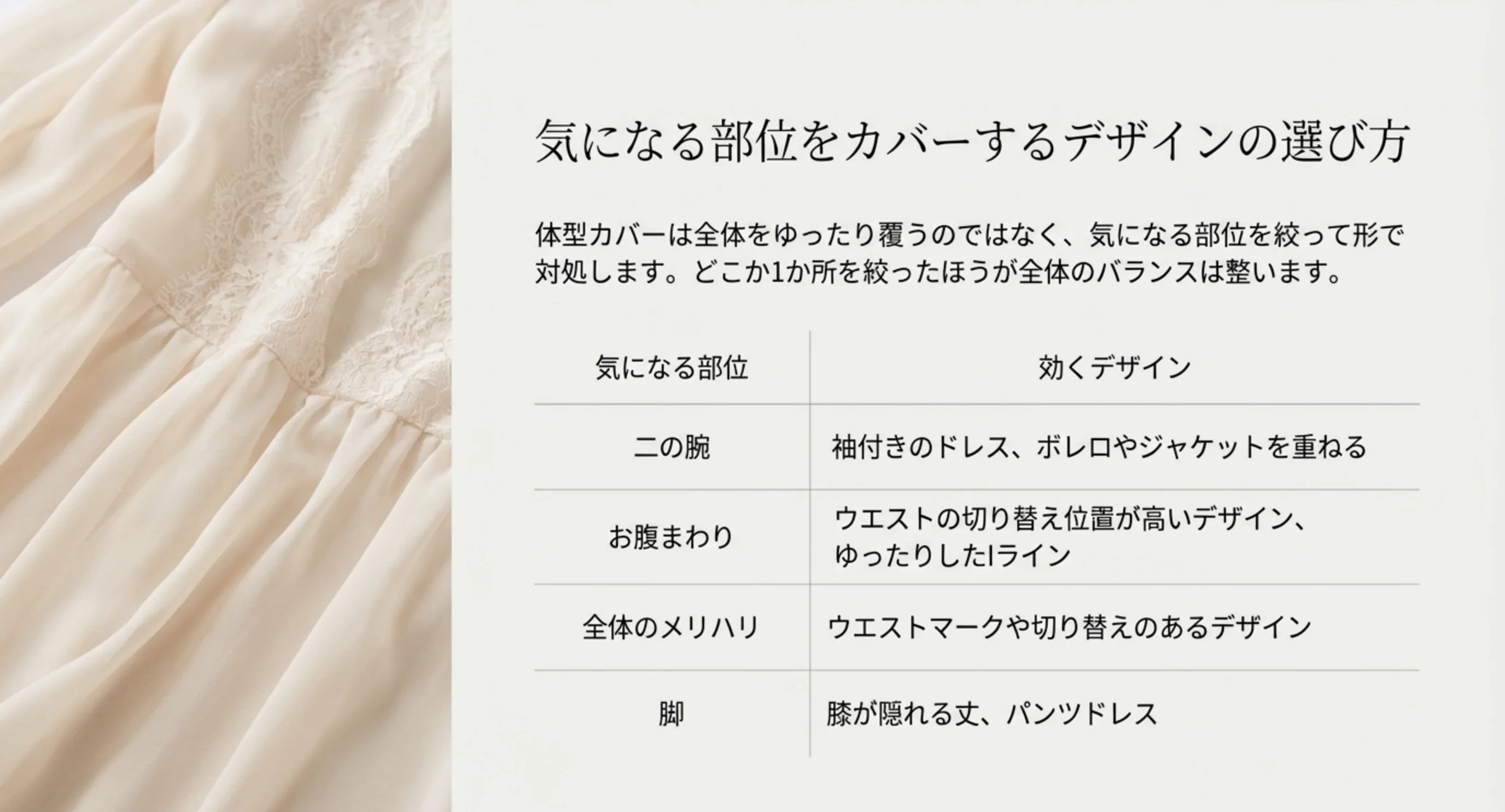 二の腕・お腹まわり・脚など気になる部位ごとに効くドレスのデザインを整理した表のスライド