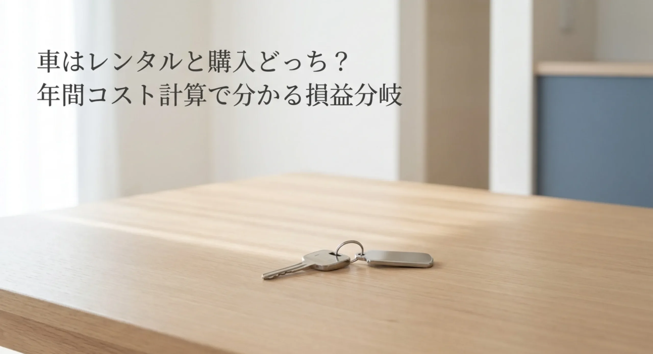 テーブルに置かれた車の鍵と、車はレンタルと購入どっちかを年間コストで判断するというタイトル