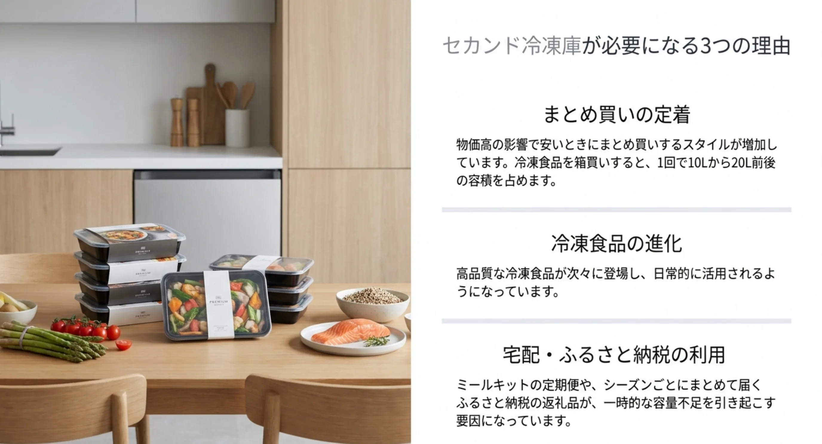 まとめ買いの定着、冷凍食品の進化、宅配とふるさと納税の利用という、セカンド冷凍庫が求められる3つの理由を並べたスライド