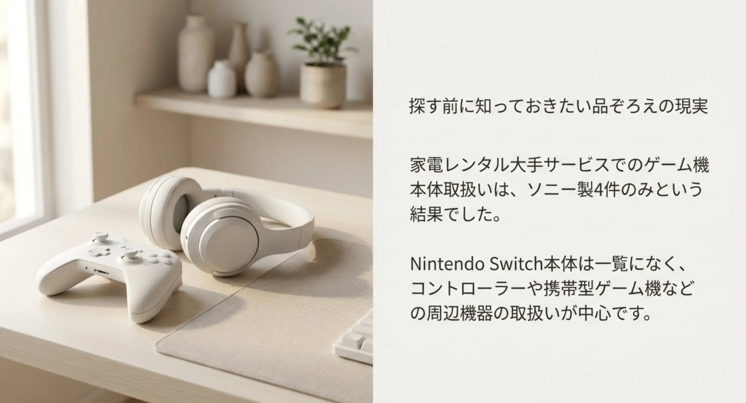 家電レンタル大手サービスでのゲーム機本体の取扱いはソニー製の4件のみで、任天堂の本体は一覧になく周辺機器が中心であることを示したスライド