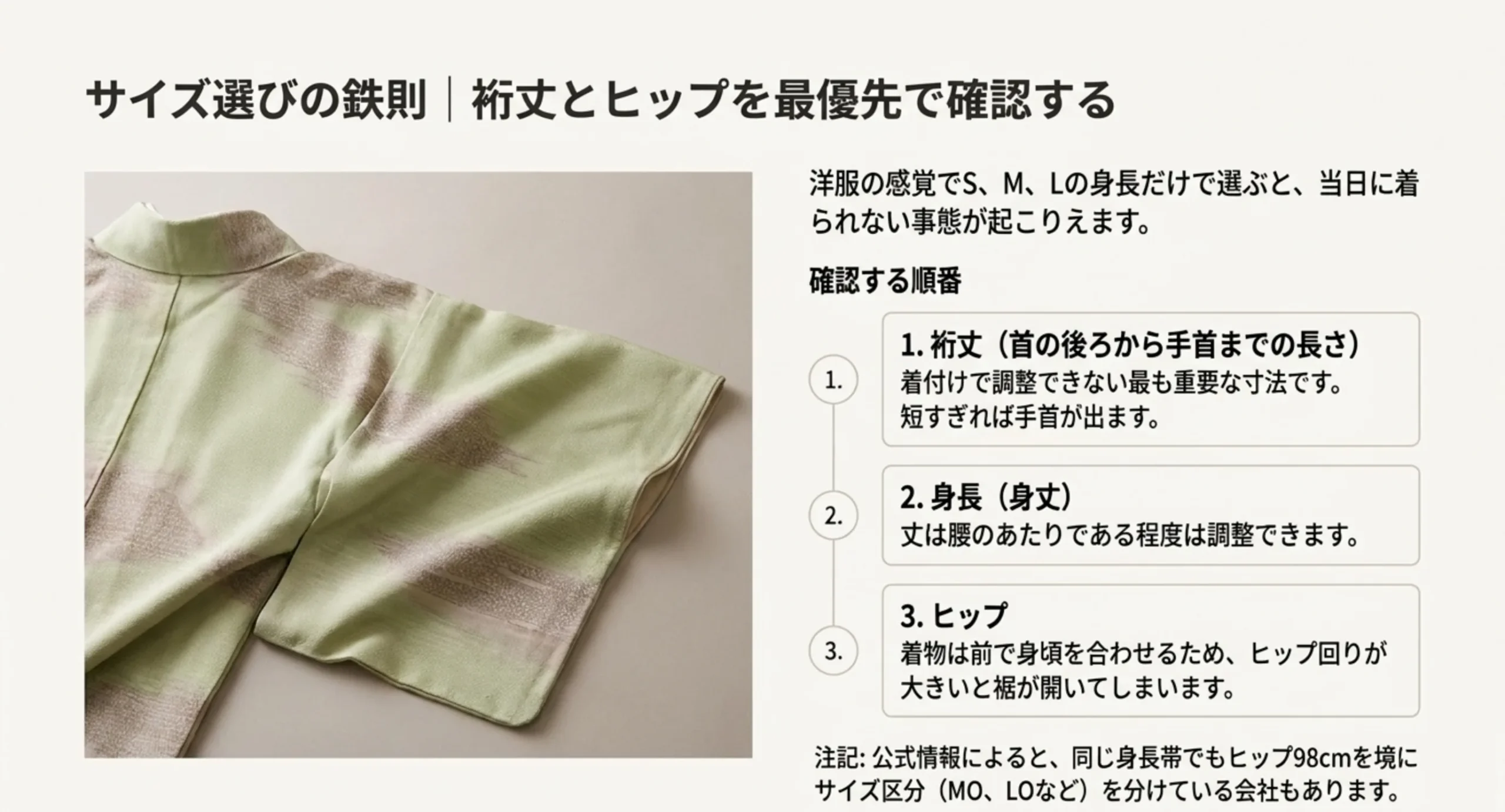 着付けで調整できない裄丈を最優先に、身長とヒップの順でサイズを確認する手順を示したスライド