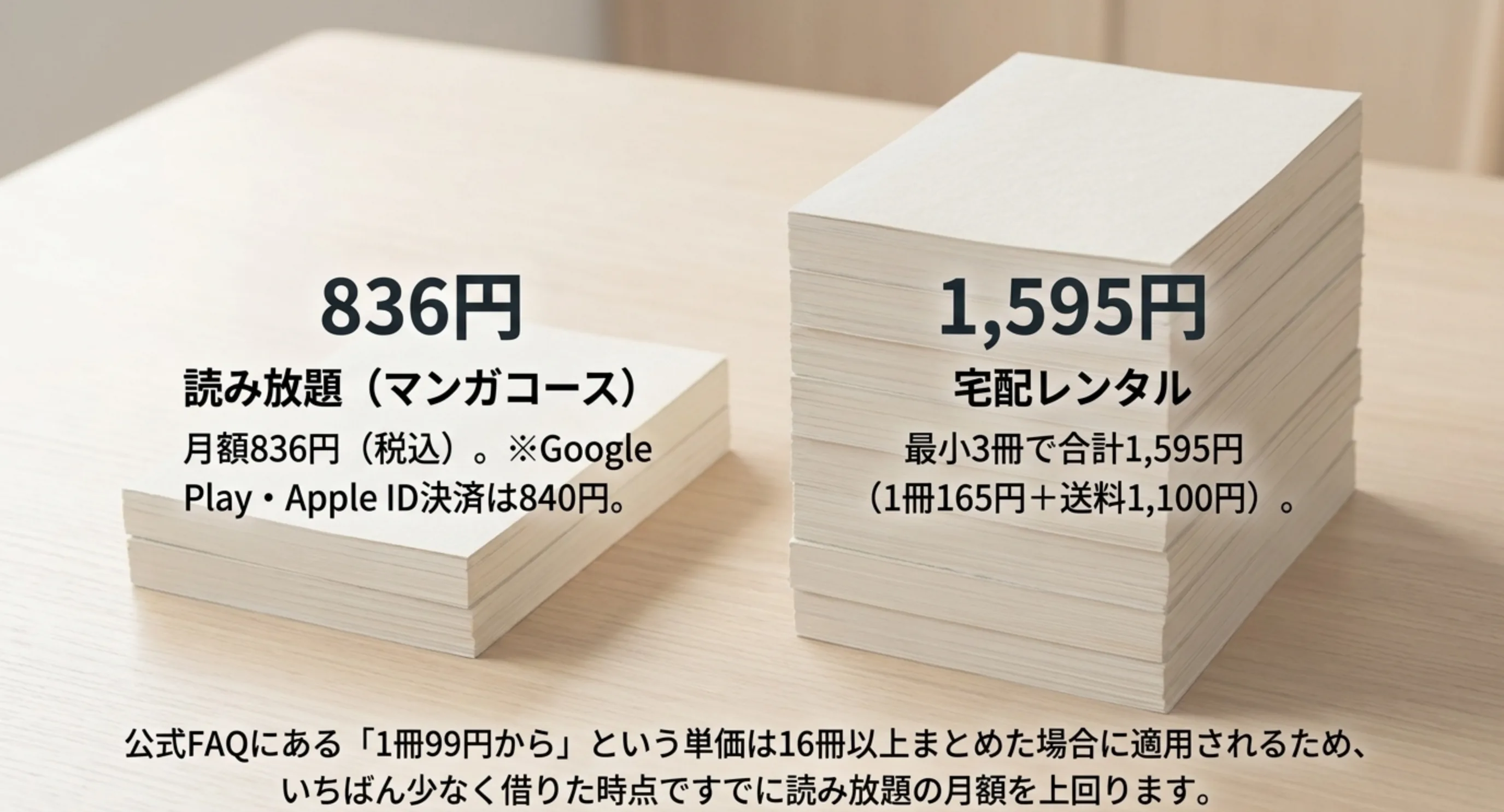 読み放題のマンガコースが月額836円なのに対し、宅配レンタルは最小の3冊でも合計1,595円になり、1冊99円という単価は16冊以上でのみ適用されることを示したスライド