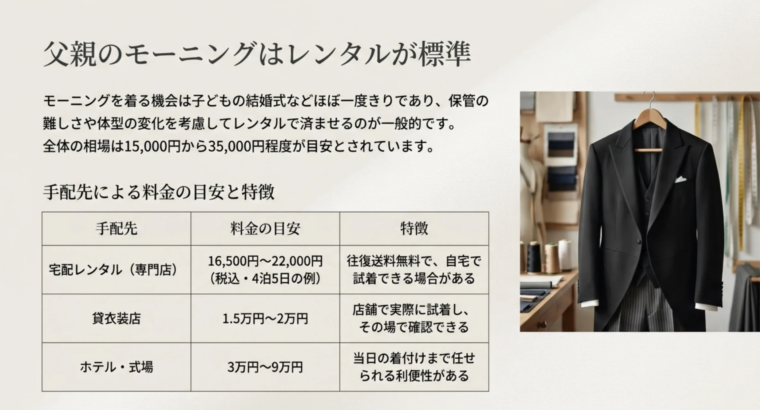 宅配レンタル・貸衣装店・ホテルや式場という手配先ごとに、料金の目安と特徴を比べた表のスライド