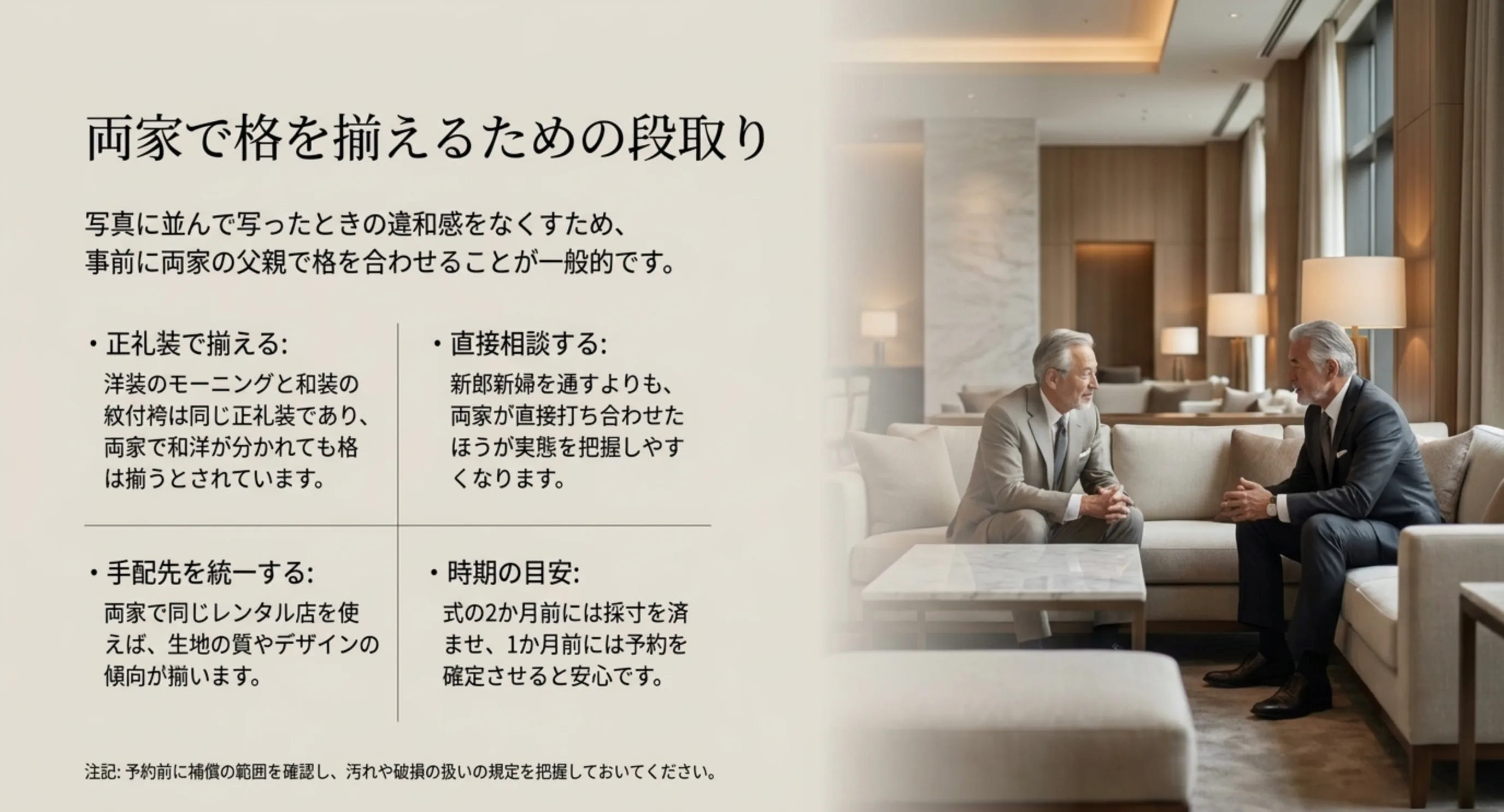モーニングと紋付袴は同じ正礼装であることや、手配先の統一と採寸・予約の時期の目安をまとめたスライド