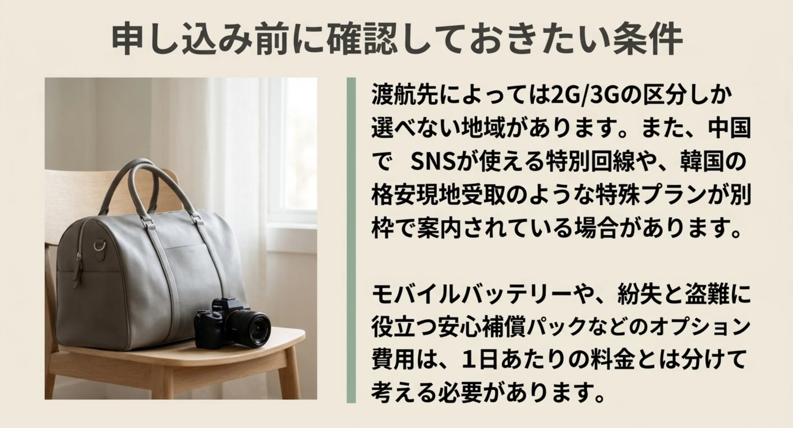 渡航先ごとの区分の違いとオプション費用を1日料金と分けて考える注意をまとめたスライド