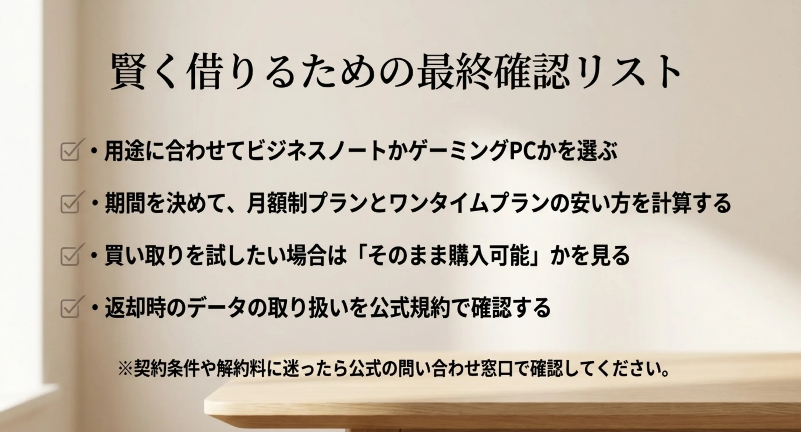用途で機種を選ぶ、期間で安いプランを計算する、購入可否を見る、返却時のデータの扱いを規約で確認するという4項目のチェックリストのスライド