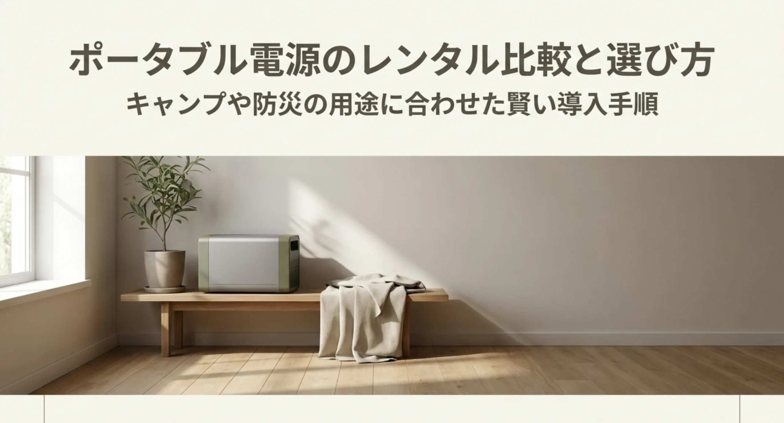 ポータブル電源をキャンプや防災の用途に合わせてレンタルで選ぶという記事の主旨を示した表紙スライド