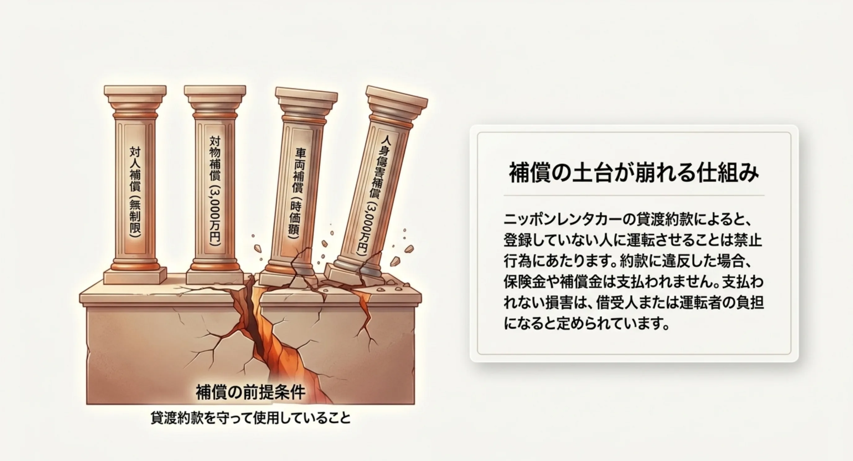 対人無制限・対物3000万円・車両時価額・人身傷害3000万円の4本の柱が、貸渡約款を守っているという土台の上に立っていることを示したスライド