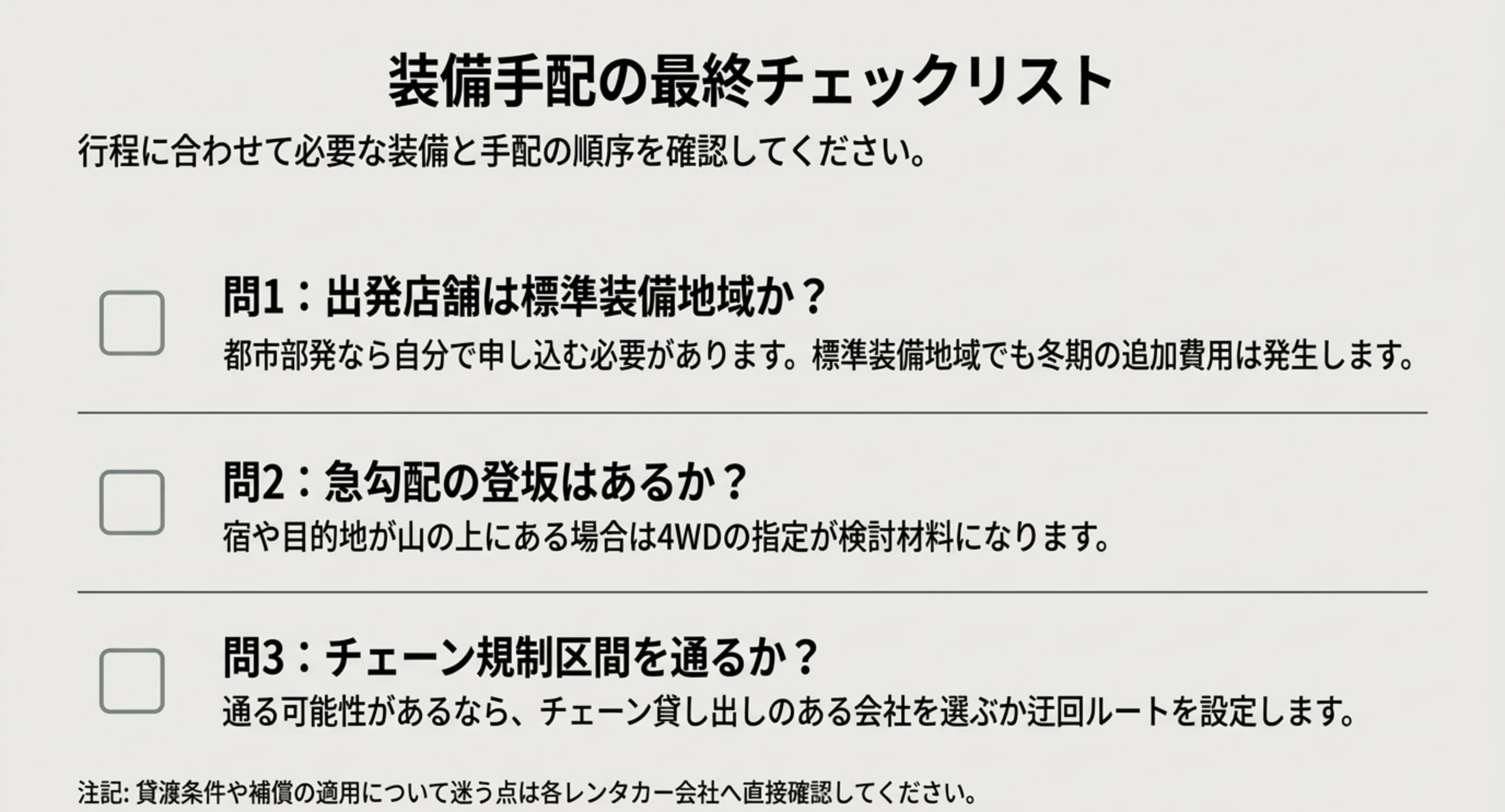 出発店舗が標準装備地域か、急勾配の登坂があるか、チェーン規制区間を通るかの3つの質問を並べた最終チェックリストのスライド