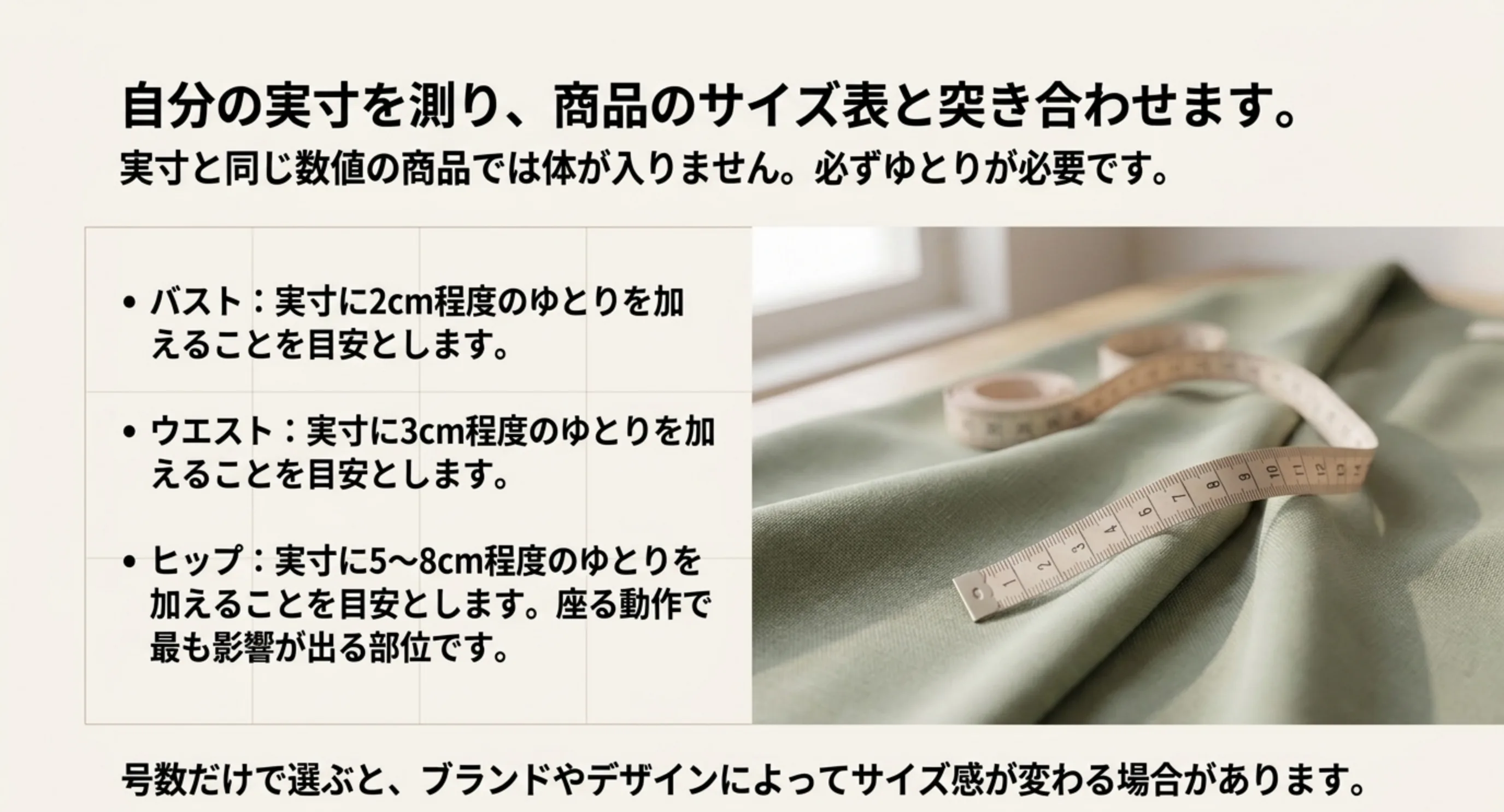 バスト2cm・ウエスト3cm・ヒップ5〜8cmというゆとりの目安を実寸に加えて商品のサイズ表と照合する手順を示したスライド