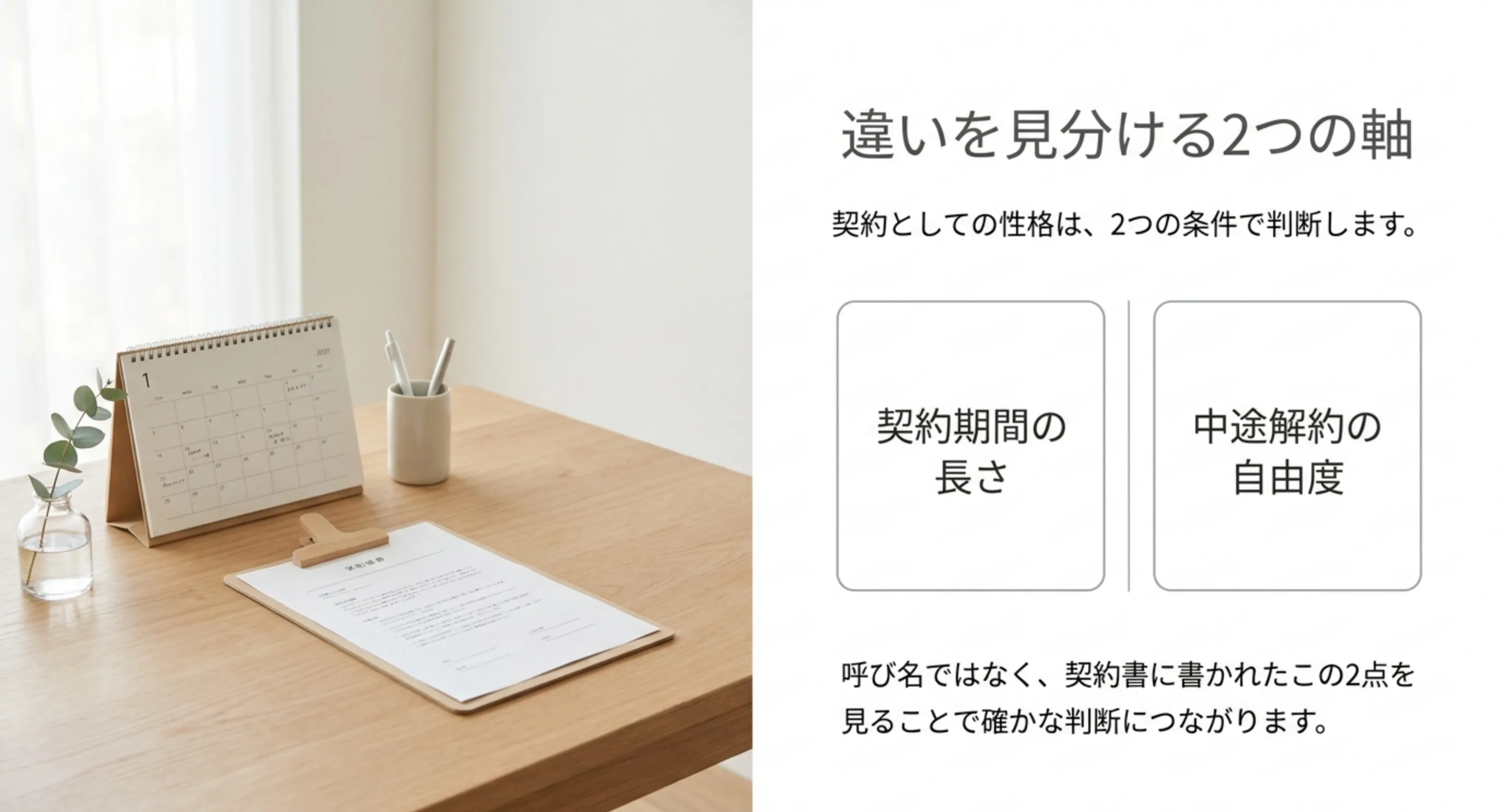 呼び名ではなく契約期間と中途解約の自由度で判断することを示したスライド