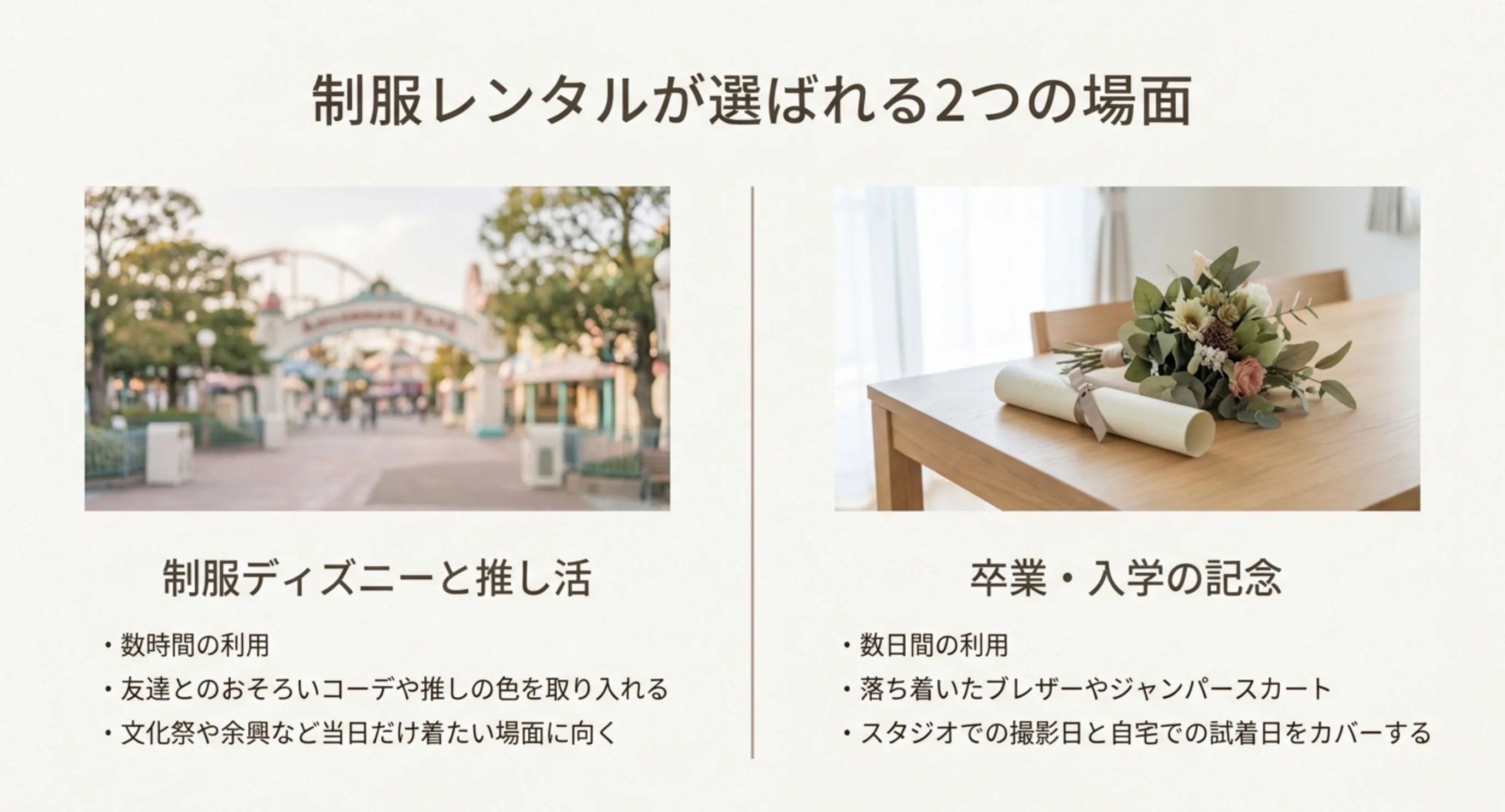 数時間だけ着るテーマパークや推し活と、数日手元に置きたい卒業・入学の記念という2つの使われ方を並べたスライド
