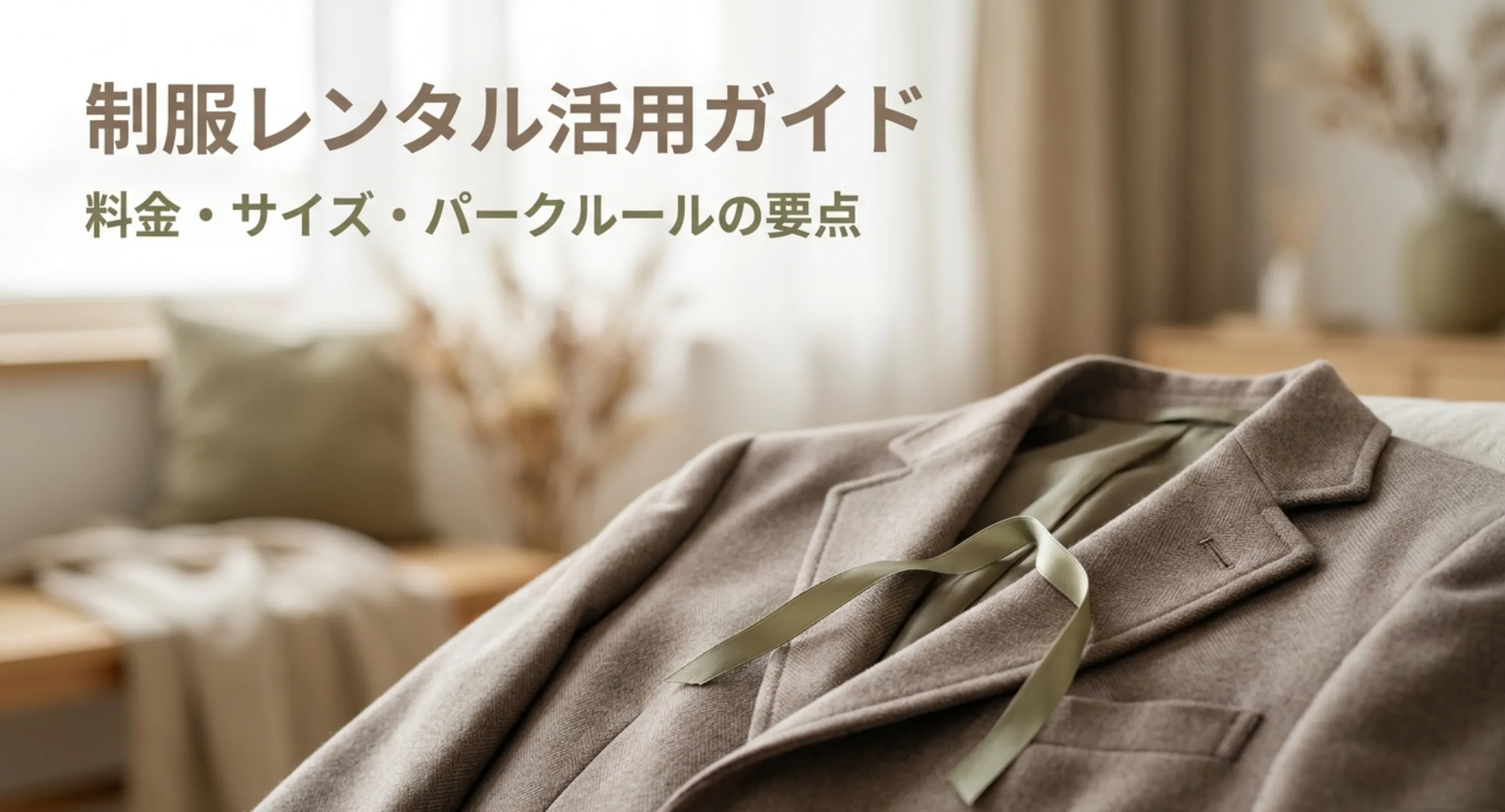 制服レンタルの料金とサイズ選び、テーマパークのルールをまとめたガイドの表紙スライド