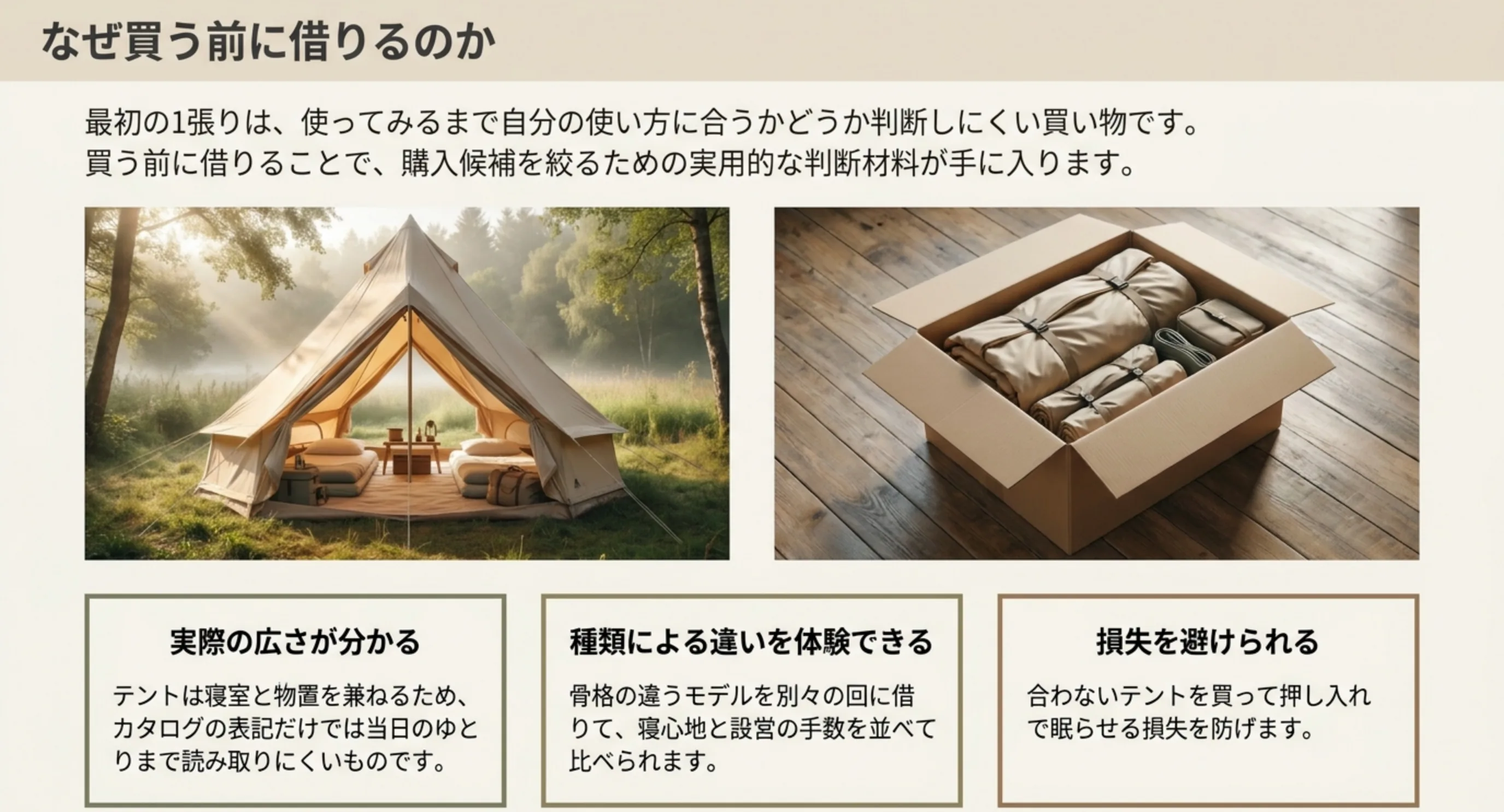 実際の広さ、種類による違い、合わないテントを買う損失の回避という、借りて確かめられる3点を並べたスライド