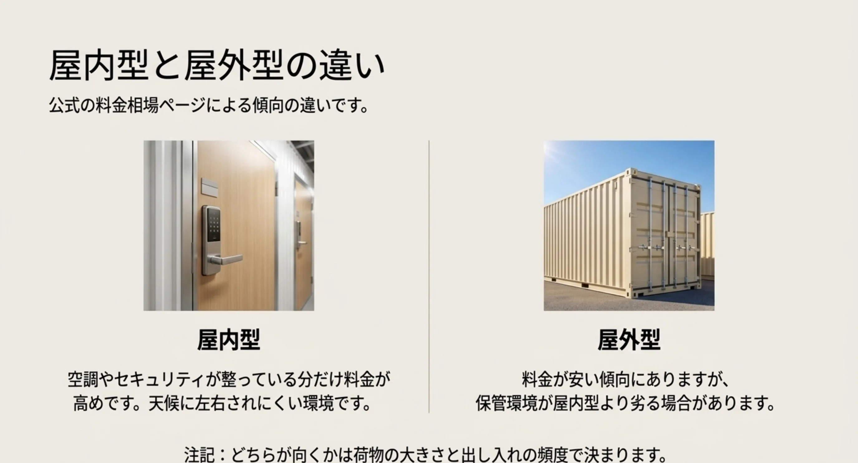 屋内型と屋外コンテナで料金と保管環境の傾向が違うことを並べたスライド