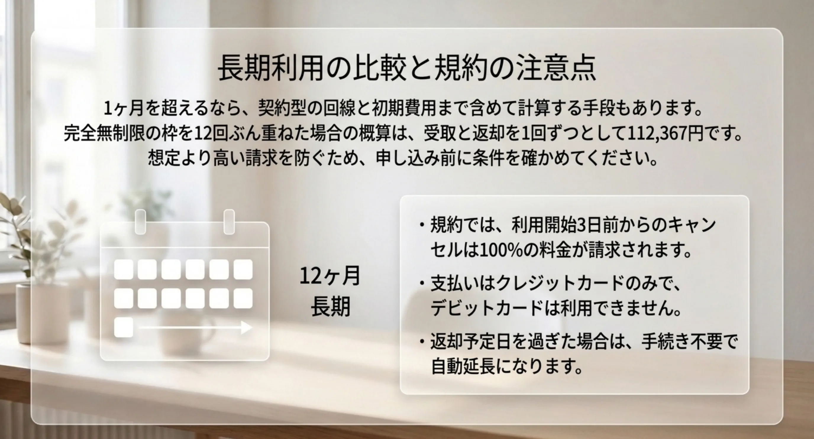 完全無制限の枠を12回重ねた場合の概算額と、キャンセル料・支払い方法・自動延長という規約の確認点を並べたスライド