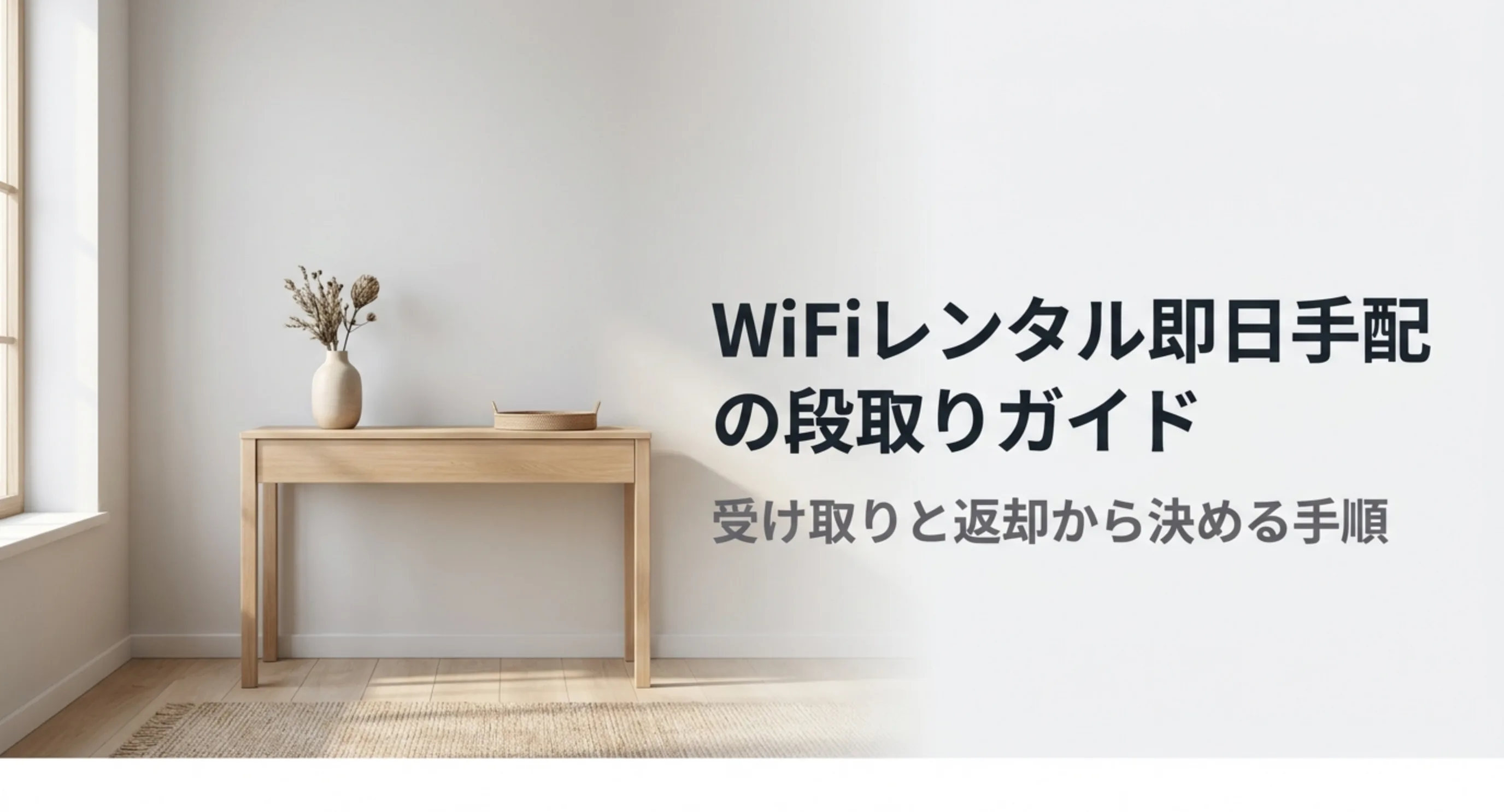 WiFiレンタルを即日で手配するときの受け取りと返却の段取りを示した表紙スライド